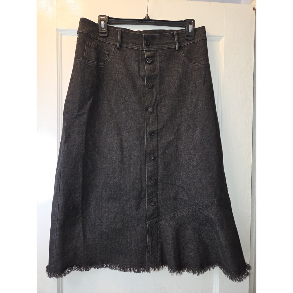 C'moi Black Denim Long Button Skirt. Raw Hem. Stretch. M